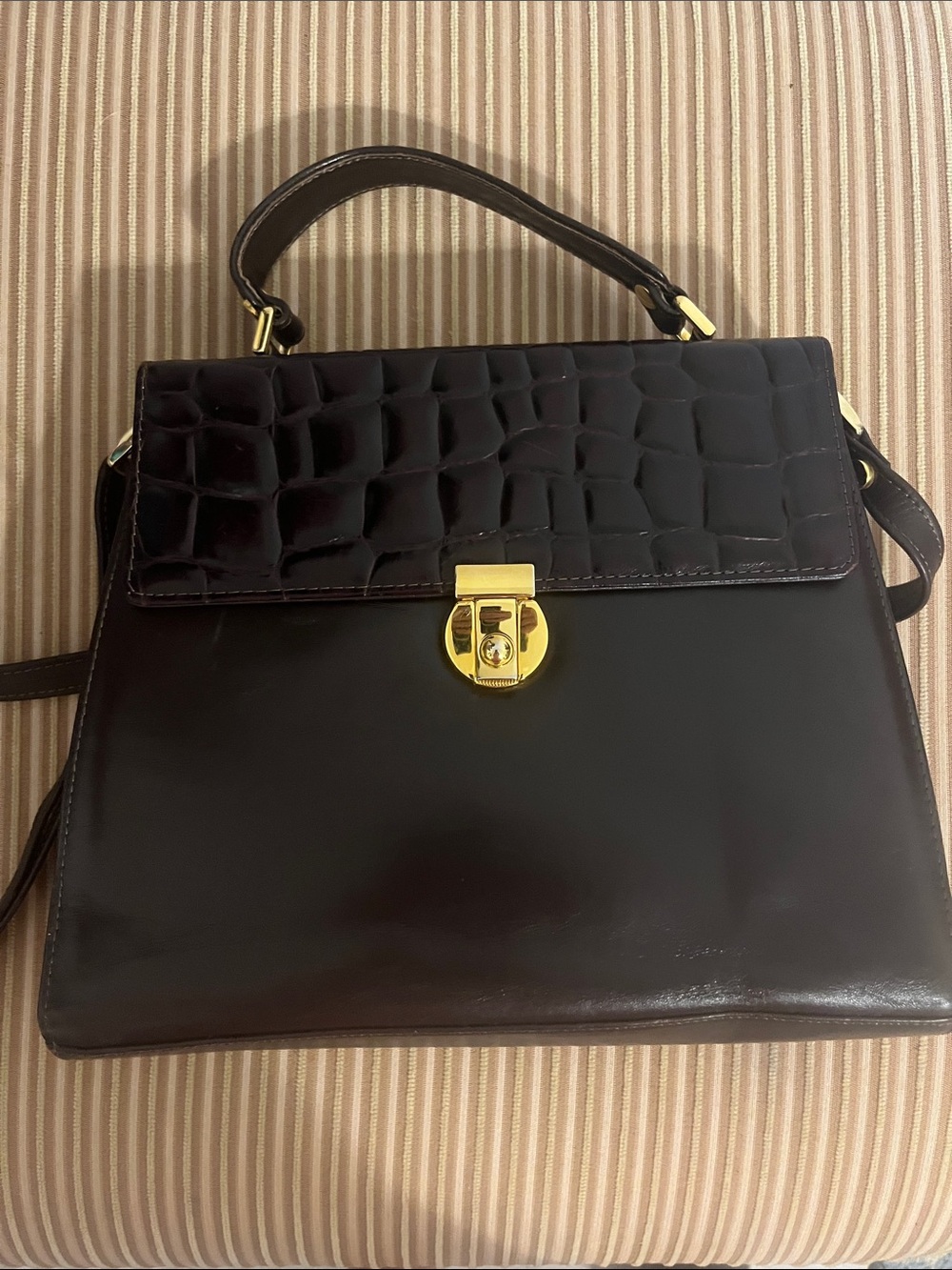 Pollini Croc-Embossed Top Handle Bag in Dark Brown